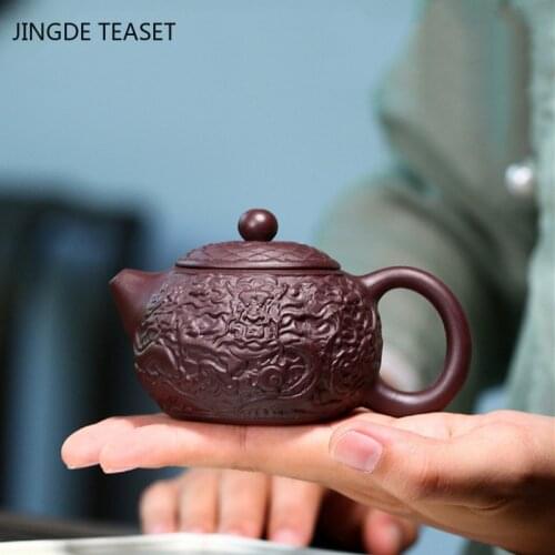 Yixing Purple Clay Xishi Tea Pot Hand carved Dragon pattern Teapots Beauty Kettle Tea Ceremony Customized gifts Authentic 130ml