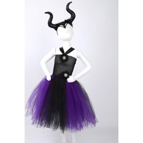 Kids Girls Clothing Halloween Cosplay Vampire Witch Costume Holiday Party Tulle Fancy Pageant Dress with Horns Headband