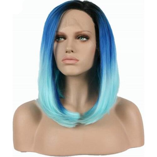 Ombre Blue Bob Lace Front Wig Middle Part Sky Blue to Light Blue Dark Root Wig Heat Resistant Synthetic Daily Wig for Women 14