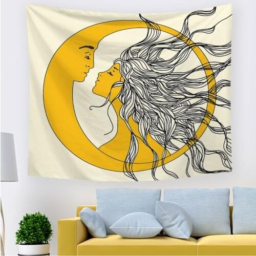2021Hawkalice Sun And Moon Tapestry Wall Hanging Hippie Sun Face Wall Tapestry Long Hair Women Aesthetic Decor Bedroom Dorm Room