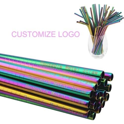 JANKNG 6 Pcs/Lot Costomize Logo Colorful Rainbow Metal Straw 304 Stainless Steel Straws Reusable Bent Drinking Straw with Brush