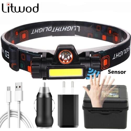 Sensor XP-G Q5 Headlamp Head Lamp Headlight Waterproof 2500lm Cob Led Usb Rechargeable Built in 18650 Battery Working Light 10w