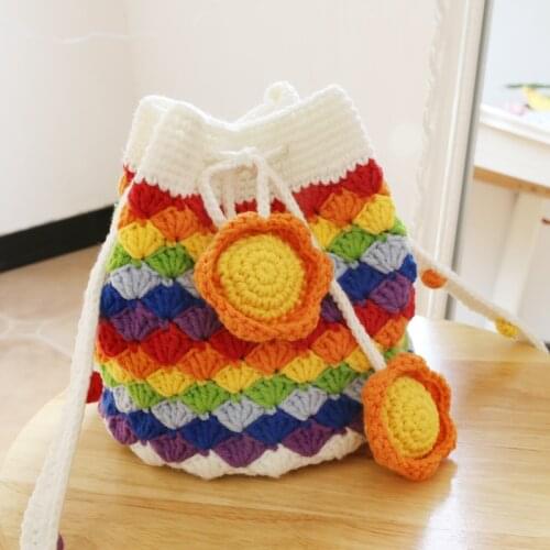 New Hand-knitted Crochet rainbow Flowers Women Shoulder Messenger Bag Woolen Yarn Handmade Tassel Shopping Handbag