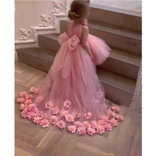 New Coming Pretty Girls Clothes 3D Floral Appliques High Collar Puffy Tulle Flower Girl Dresses For Wedding