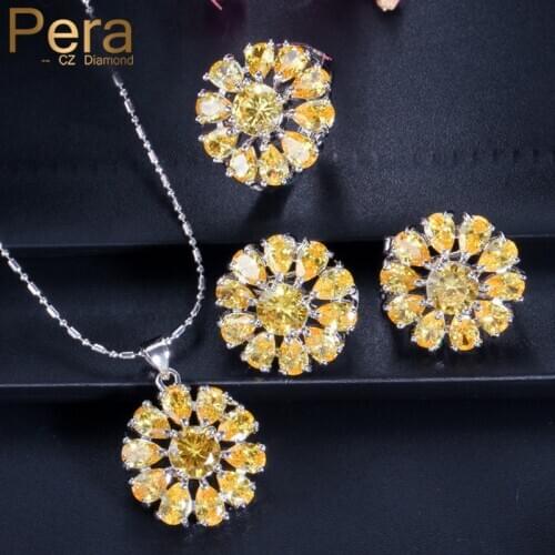 Pera Lovely Big Sunflower CZ Stone Yellow Crystal Necklace Earrings Ring Set Trendy Design for Women Costume Jewelry J070