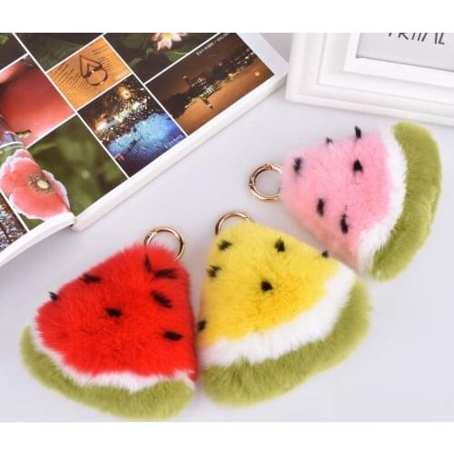 Pom Pom Real Rex Rabbit Fur Keychain watermelon Key Chains for Women Fluffy Pompom Keyring Trinket Girl Bag Charms
