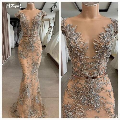 Champagne Luxurious Mermaid African Dubai Evening Dresses 2021 Sheer Neck Lace Beaded Prom Dresses Sexy Formal Party Gowns