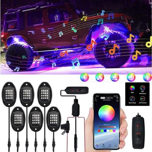 Waterproof RGB LED Rock Light Underglow Neon LED Light Kit Bluetooth APP Remote Control Chassis Decorative Music Lamps for Jeep