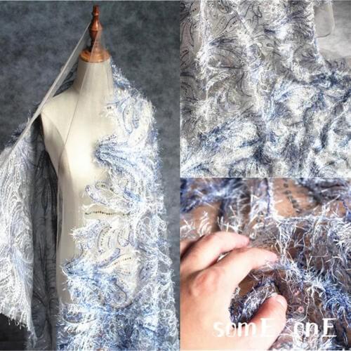 Embroidered Tulle Fabric Blue Feather Patten DIY Decor Patchwork Skirt Gown Wedding Dress Lace Designer Fabric 50*130cm