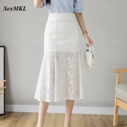 Women Summer Lace Long Skirts 2021 Fashion High Waist Hollow Out White Bridal Skirt Korean Elegant Office Sexy Black Y2k Skirt
