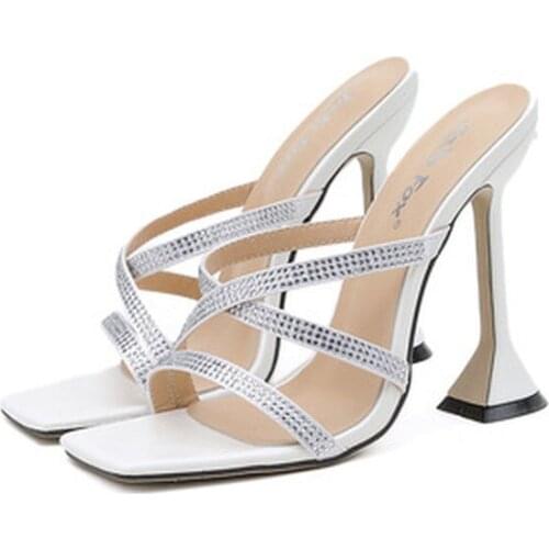 2021 square toe fashion rhinestone slippers women shoes ladies dress shoes woman high heels sexy crystal sandals party wedding