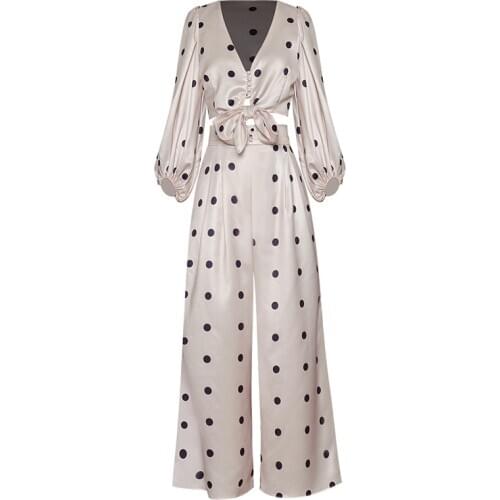Latest 2021 High-quality designer runway suit set womens V-Neck Lantern Sleeve Bow short Top Long pants Dot Print set