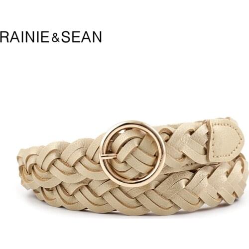 RAINIE SEAN Womens Woven Belts Braided Belt Women Pu Leather Gold Silver Round Buckle Casual Spring Female Dress Belt
