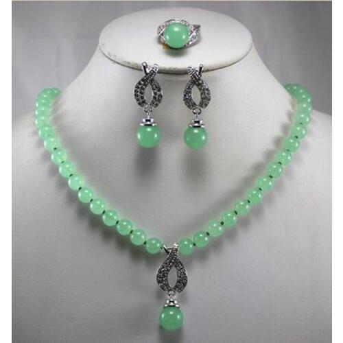 Fashion WomenS Precious jade gem Necklace Earring Ring(7/8/9)Jewelry Set