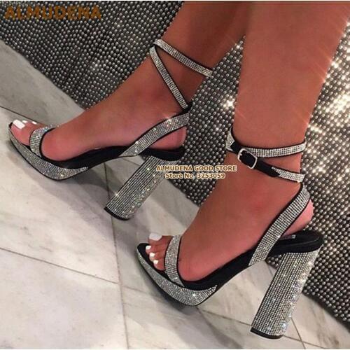 ALMUDENA Gold Silver Bling Bling Chunky Heel Sandals Champagne Crystal Thick High Heel Wedding Shoes Buckle Strap Sparkling Pump