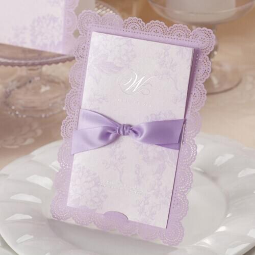 100pcs Wishmade Purple Lace Laser Cut Wedding Invitations Cards with Bow Pearl Invite Card with Envelopes, Customizable CW003