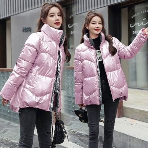 2020 Autumn Womens Winter Coats Fashion Silver Stand Collar Parkas Winter Jacket Women Pockets Padded Cotton Coat