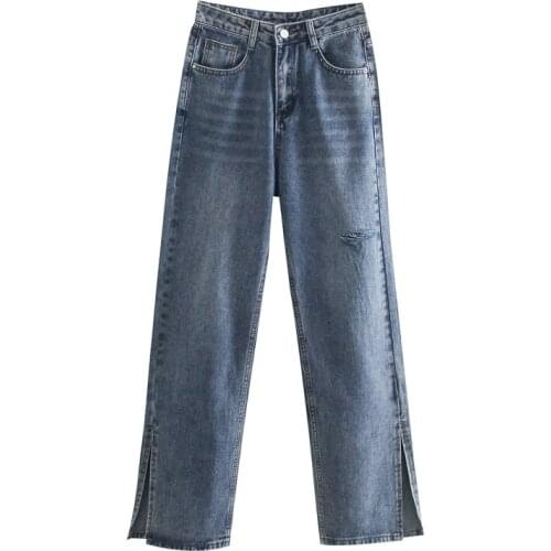 2021 Women Spring Fashion Bule Denim Wide Leg Pants Vintage Loose High Waist Korea Jeans Zipper Fly Female Trousers Mujer