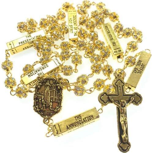 Blingbling 8mm golden color crystal rhinestone beads five mysteries rosary religious catholic rosario
