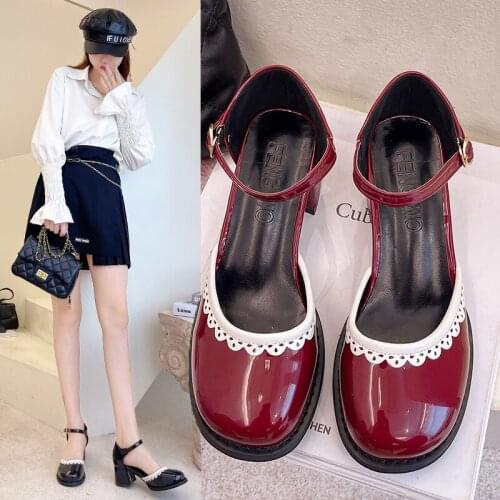 Cover Toe Women Sandals 2021 Summer Autumn Patent Leather Dress Shoes Ankle Strap Pumps Square Heeled Ladies Shoes Black 9346L