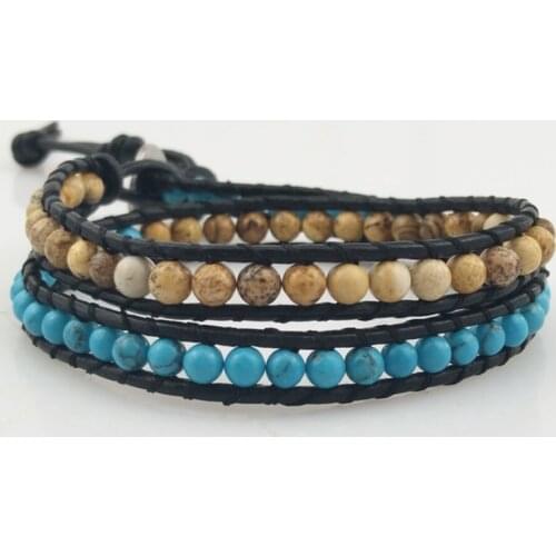 4mm Picture Stone Beaded Leather Wrap Bracelets 2 Layers Boho Natural Stone Beads Chain Womens Bracelet Unisex Jewelry Man Gift