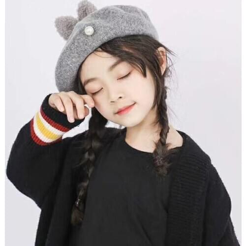 Children Rabbit Ear+Pearl Beret Autumn Winter 48-51CM Warm Girl Pure Cute INS Style Handmade High Quality Painter Beret Caps