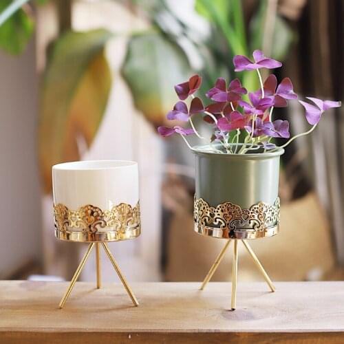 Retro hollow iron frame flower pot Ceramic pots nordic home decor Maceta casa desktop room decoration bonsai plant pot bloempot