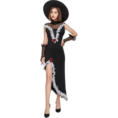 Gothic Black Tight Women Witch Cosplay Female Halloween Sorceress Costume Carnival Purim Parade Stage Show Role Play Party Dress
