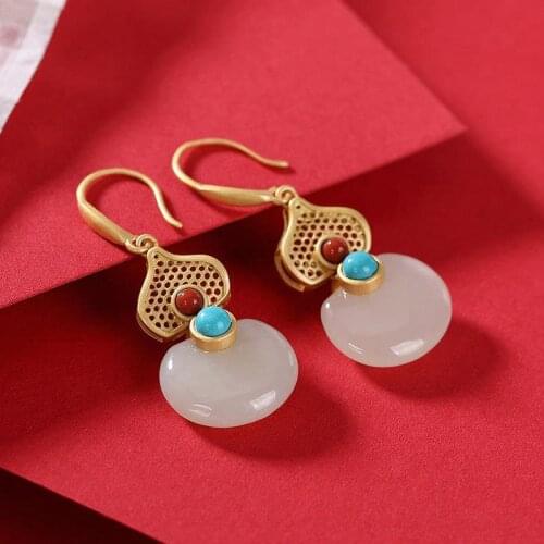 Natural Hetian Jade S925 Sterling Silver Fashion Popular Retro National Style Gourd Ruyi Ladies Earrings Eardrop Earring