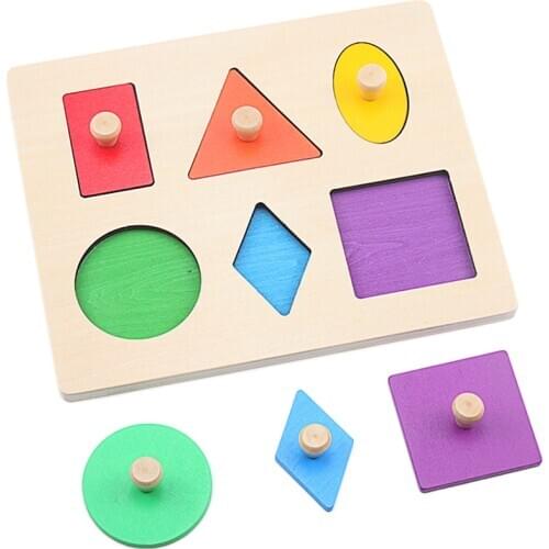 Montessori Sensory Toy Wood Shapes Pegged Puzzle Toys Colorful Geometry Grasping Board Kindergarten Early Educational Toys Gift