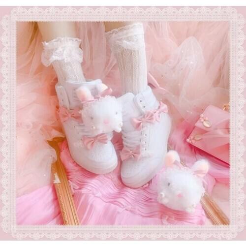 Cute sweet rabbit bow white boots High-top casual shoes increase Vintage Sweet Lolita Shoes Victoria Kawaicos Lolita lolii