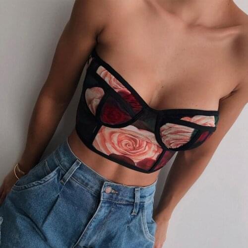 Fashion Rose Print Camisole Summer 2021 Sexy Low-Cut V-neck Backless Detachable Strap Skinny Wild Exposed Navel Sling Tops
