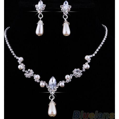Hot Bridal Wedding Faux Pearls Rhinestone Necklace Water Drop Earrings Jewelry Set 1D2U 7FM5 BDBV