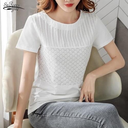 New Womens Tops Summer Blusas Mujer De Moda 2021 Solid Ladies Short Sleeve O Neck White Womens Blouses Lace Shirts 8586 50