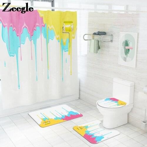 Painted Printing Bath Mat and Waterproof Shower Curtain Set Home Decor Bathroom Carpet Rug Absorbent U-Shaped Toilet Rug