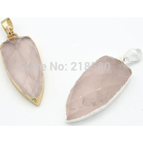 P15052208 Rose Pink Quartz Dagger Shaped Pendant- Gold or Silver Bezel Charm Pendant