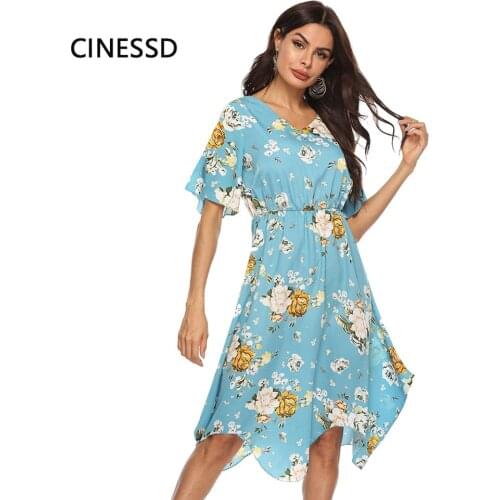 CINESSD V Neck Floral Print Dress Women A Line Striped Asymmetrical Short Polka Dot Bohemian Chiffon Beach Dress Casual Sundress