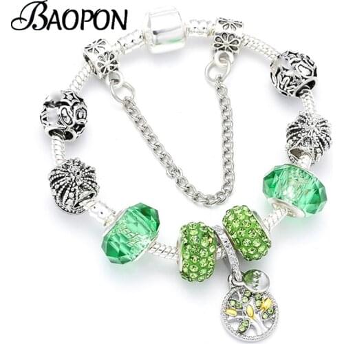 Silver Color Life of Tree Pendant Charm Bracelets With Green Crystal Beads Fit DIY Original Bracelets Bangle For Women Pulsera