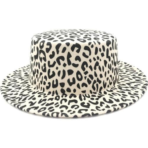 Leopard Hat For Women Imitation Wool Spring Fedoras Hats Vintage Trilby Flat Top