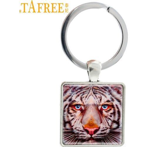 TAFREE Fashion Men 25mm Glass Cabochon Keychain DIY Metal Holder Chain Tiger Antique Silver Plated Pendant Jewelry E368