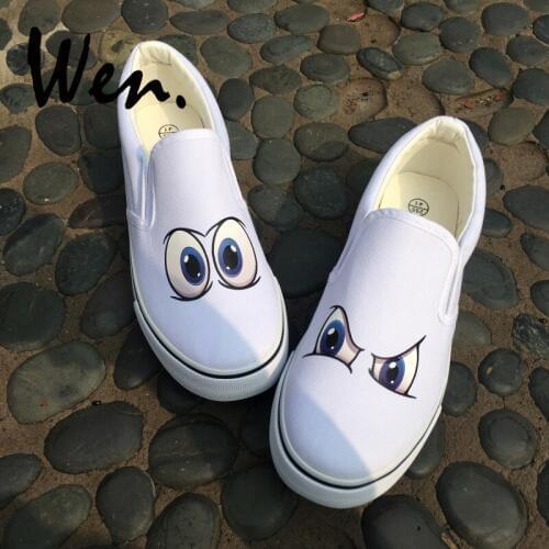 Wen Original Design Shoes Cartoon Eyes Pattern Slip On Canvas Sneakers White Black 2 Colors Women Men Presents Can Choose