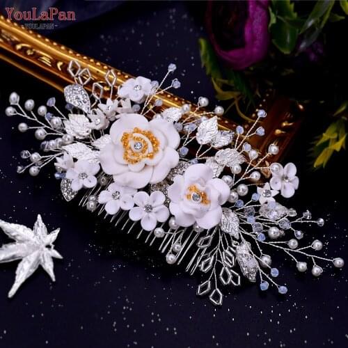 YouLaPan HP320 White Soft Clay Flower Bridal Hair Comb Alloy Leaf Wedding Headwear Pearl Handmade Bridal Headpiece Accessories