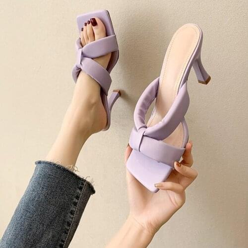 2021 Summer Womens Square Toe Slippers Solid Thin High Heels Elegant Ladies Comfor Shoes Outdoor Fashion Concise Women Sandals