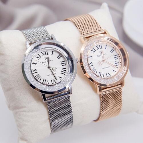 Moving Crystal Lady Womens Watch Japan Quartz Fashion Fine Stainless Steel Bracelet Clock Girls Birthday Gift Royal Crown Box