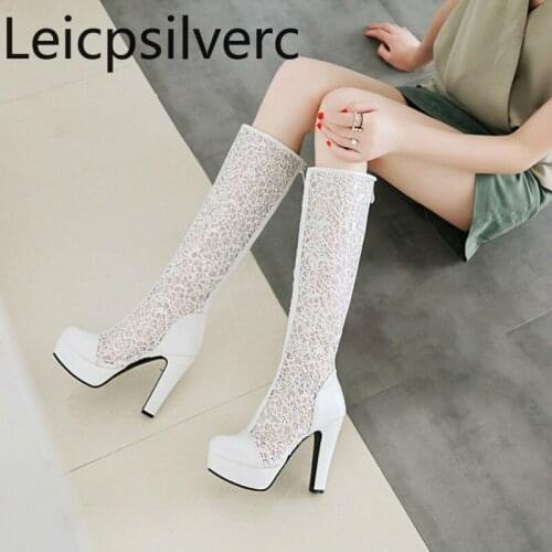 Womens Boots summer The New fashion Round head Hollow zipper Thick heel High heel Middle tube Womens shoes plus size 34-43