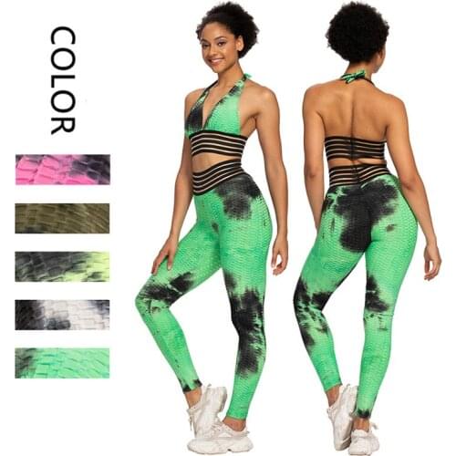 Tie dye Fitness Women Yoga Set Gym 2-Piece Bras+ Leggings Female Push Up Pants Exercise Backless Sportswear Workout Running Suit