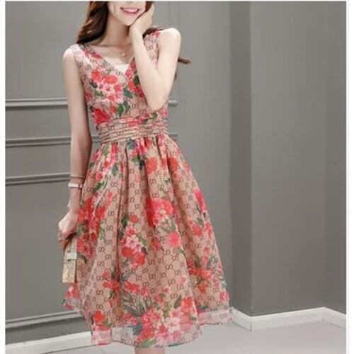 Womenes temperament sexy sleeveless dress summer comfortable chiffon floral V collar below knees sexy dress LJ122