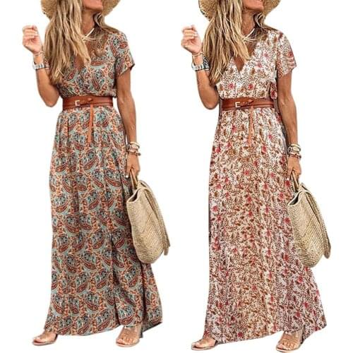 Plus Size Summer Dresses Boho Women Vintage Elegant V Neck Short Sleeve Paisley Print Belt Large Hem Beach Long Dress платье