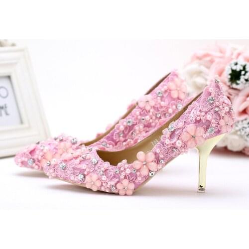2020 Lovely Toe High-heeled Emmy Bridal Shoes Pink Pearl Lace Wedding Shoes Pointed Mother of The Bride Party Prom Shoes
