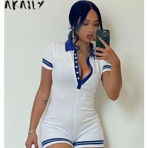 Akaily Women White Striped Ribbed Rompers V Neck Short Sleeve Playsuit 2021 Summer Bodycon Button Short Jumpsuit Fitness Outfit